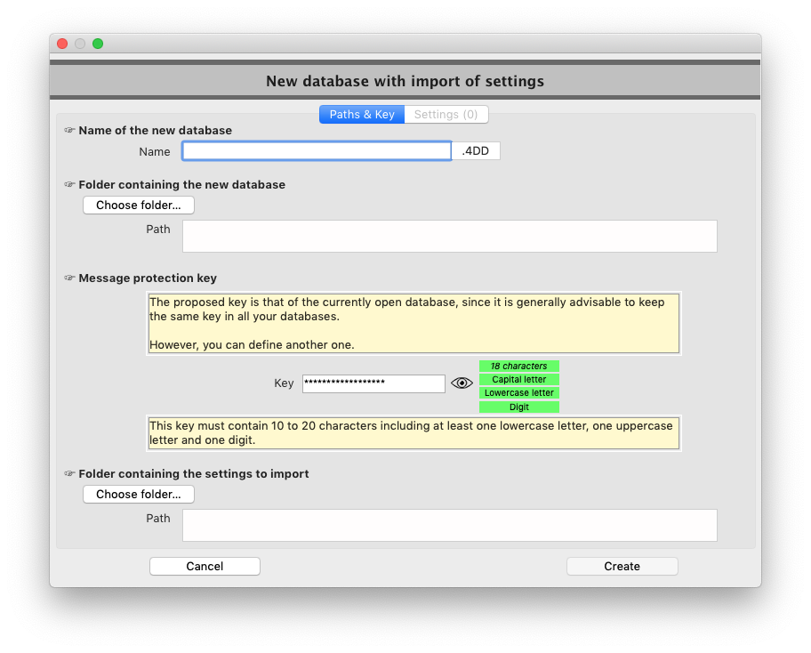 Dialog for Database creation with import of settings