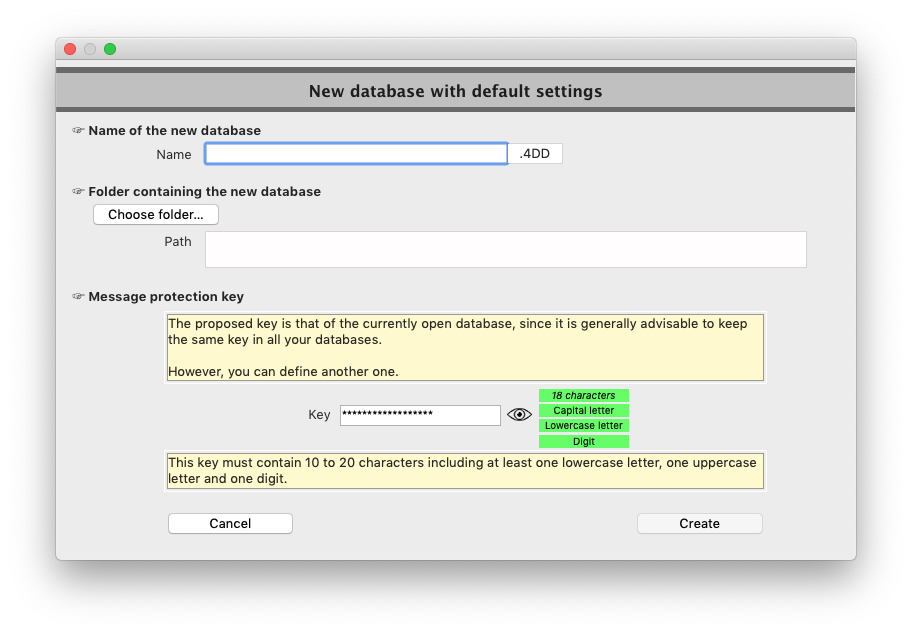 Database creation dialog