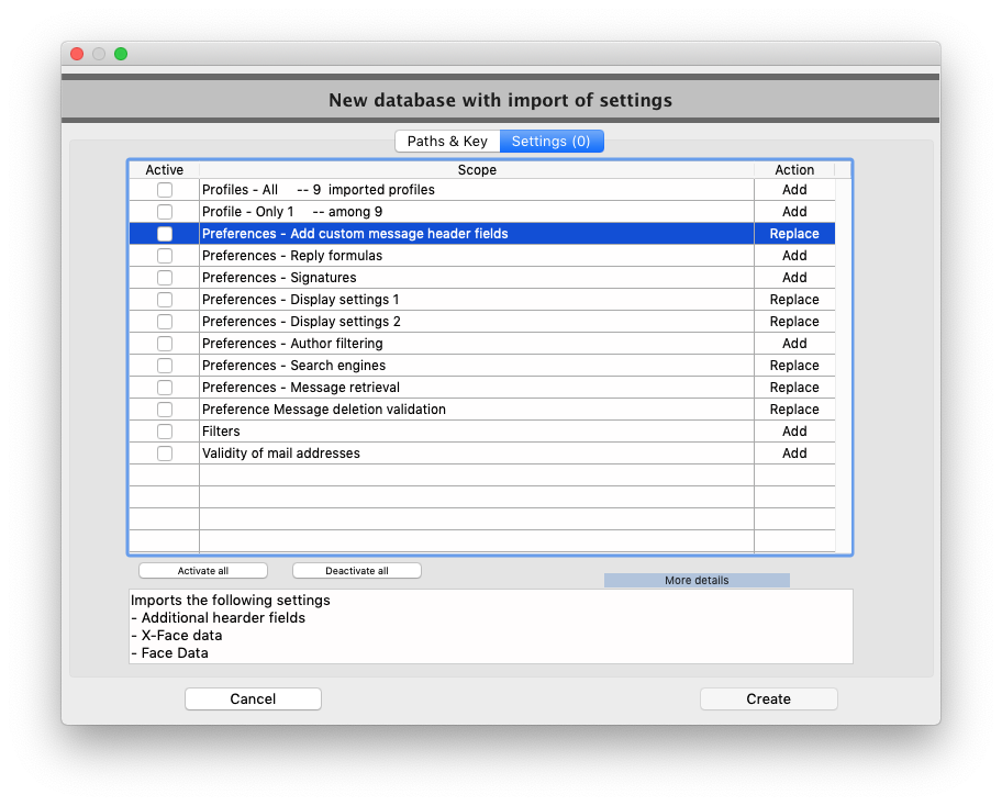 Settings Importation tab