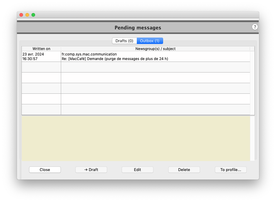 Fenêtre Messages en attente d'envoi