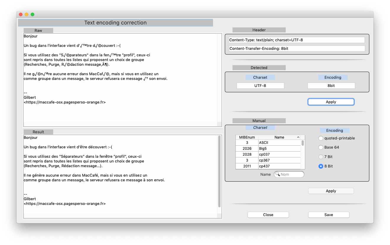 Fenêtre Correction encodage