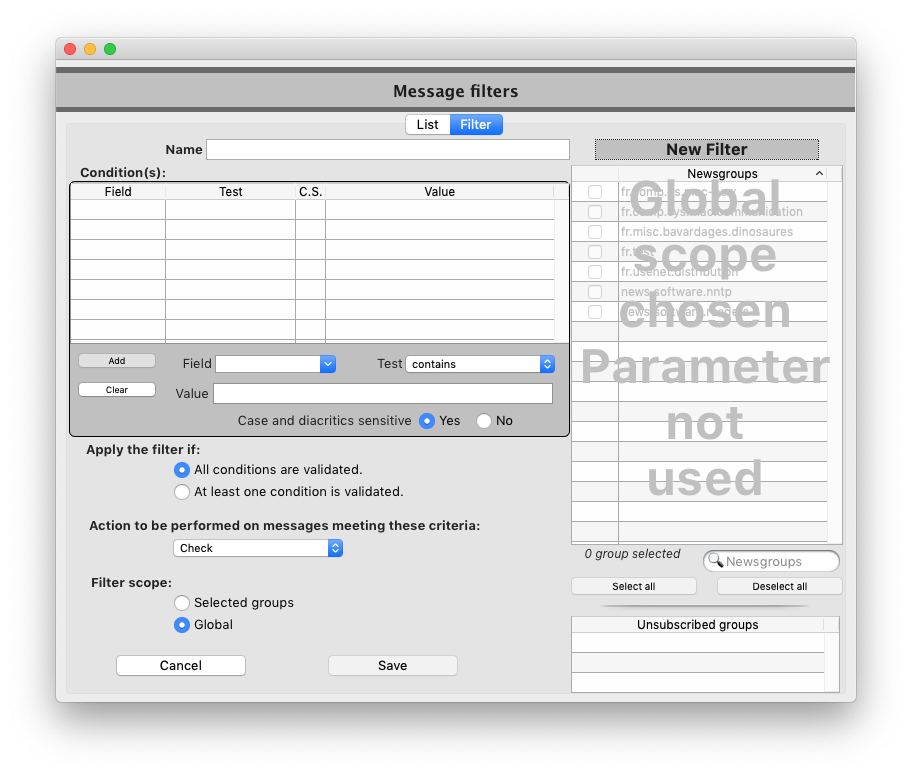 Filters window, Filter tab