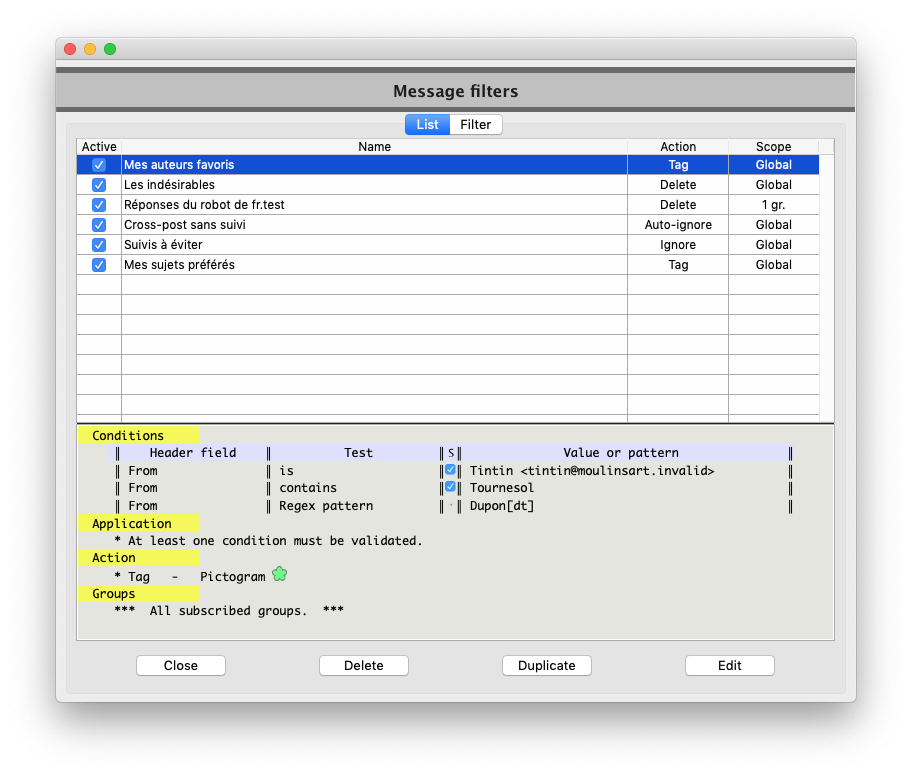 Filters window, List tab