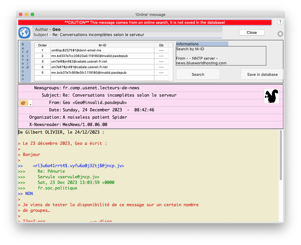 Fenêtre Message 'en ligne'