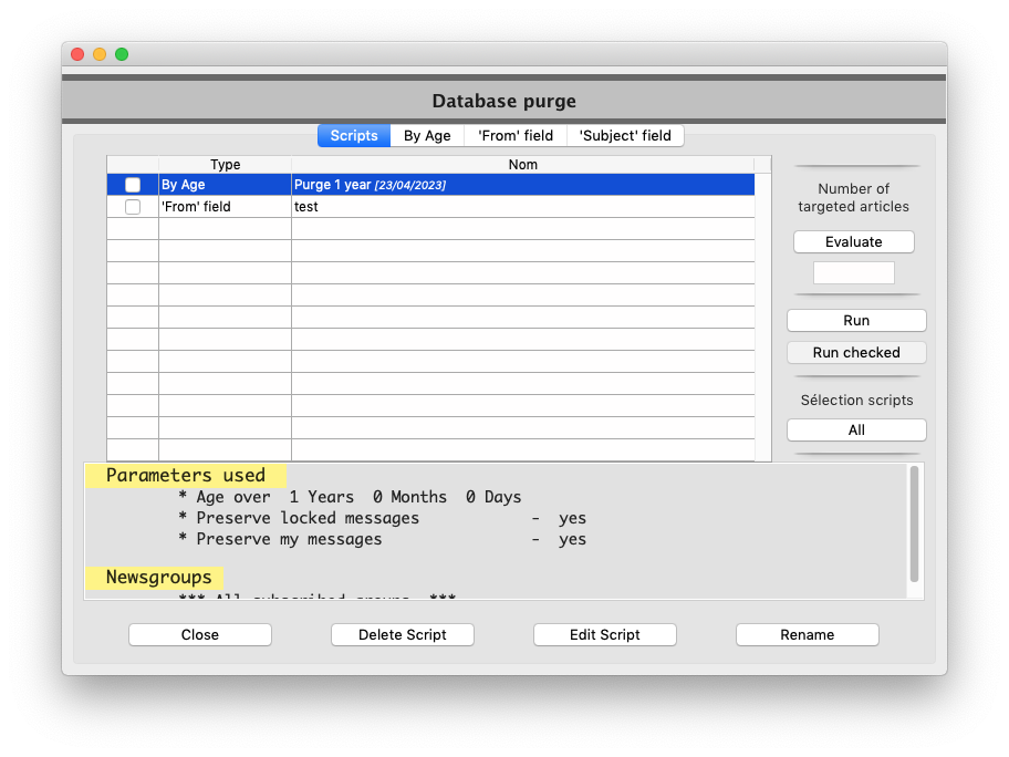 Fenêtre Purge des messages