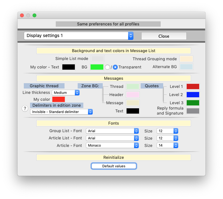 Display settings 1 Preferences