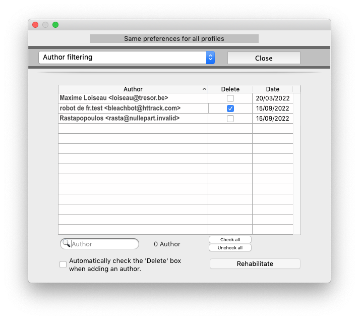 Préférences Filtrage Auteurs