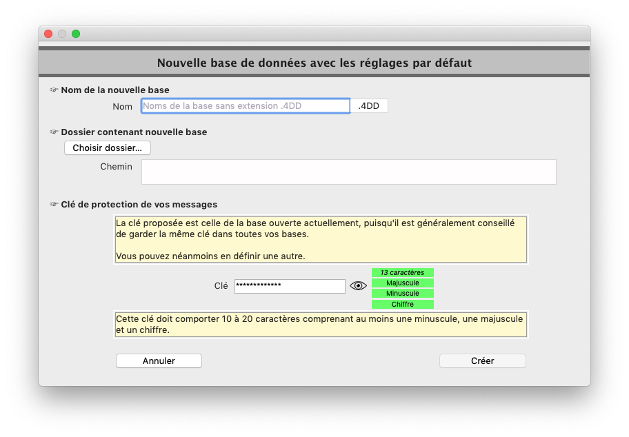 Dialogue de création d'une base