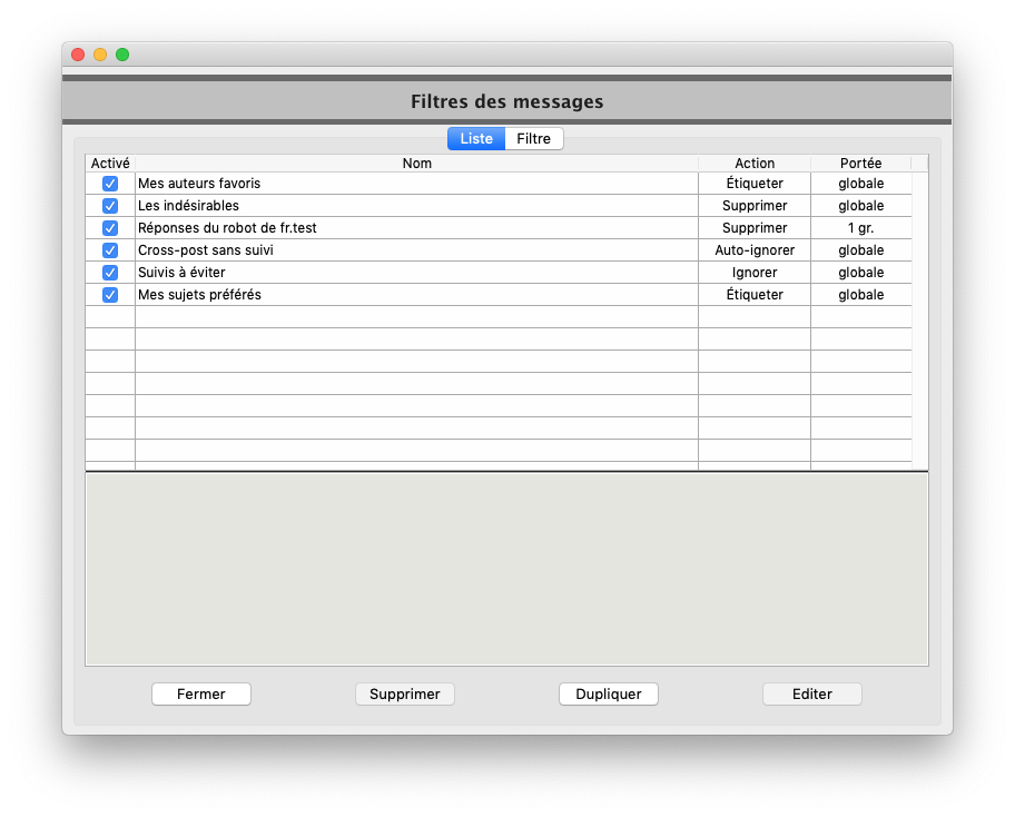 Liste des filtres