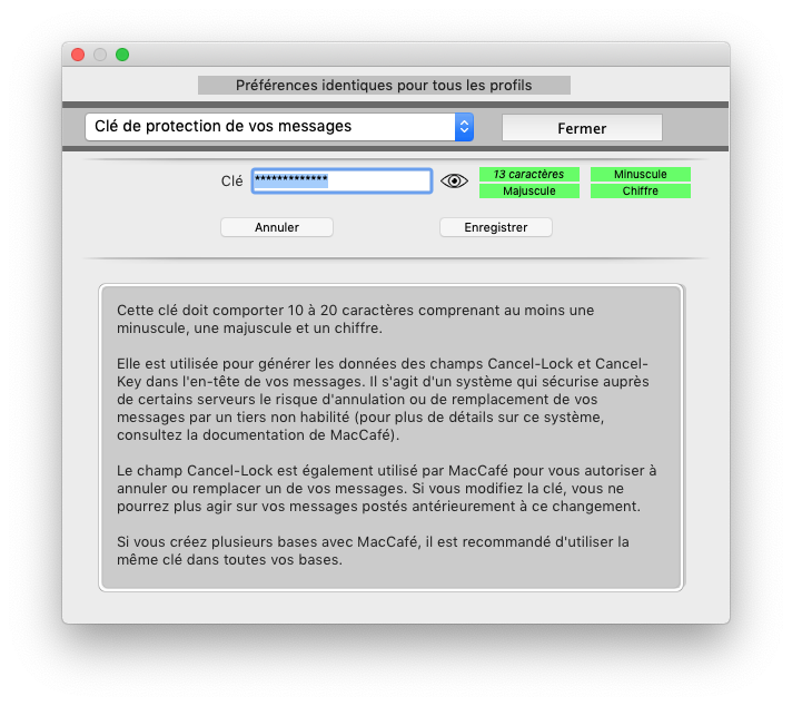 Préférences Clé de protection